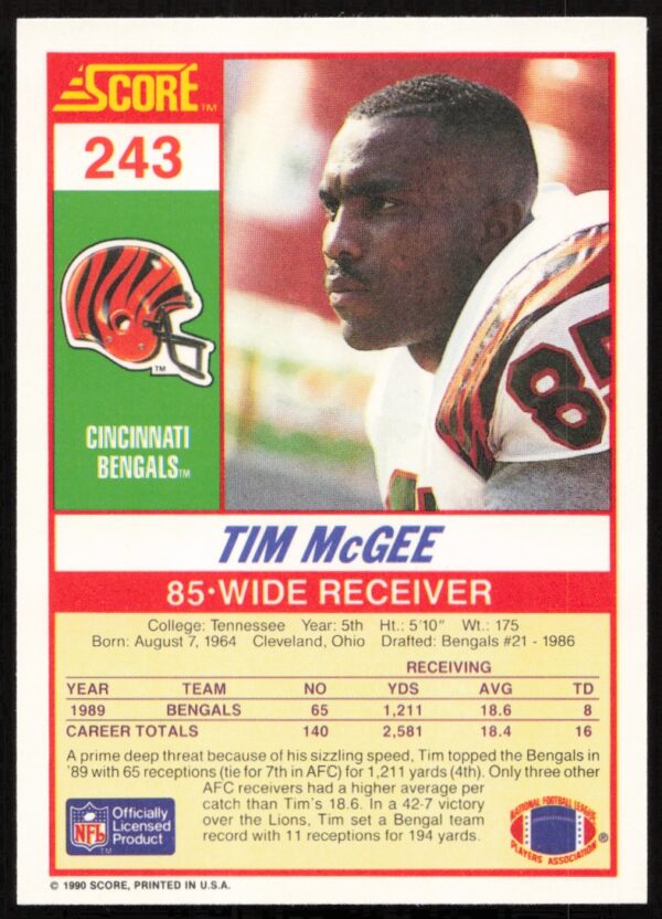 1990 Score Tim McGee #243 (Back)