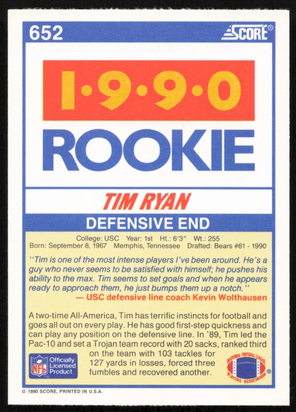 1990 Score Tim Ryan #652 (Back)