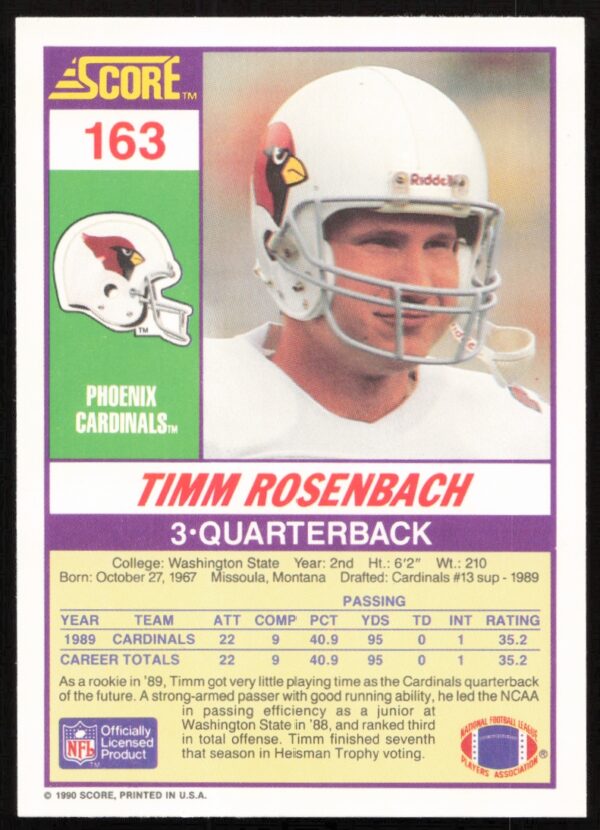 1990 Score Timm Rosenbach #163 (Back)