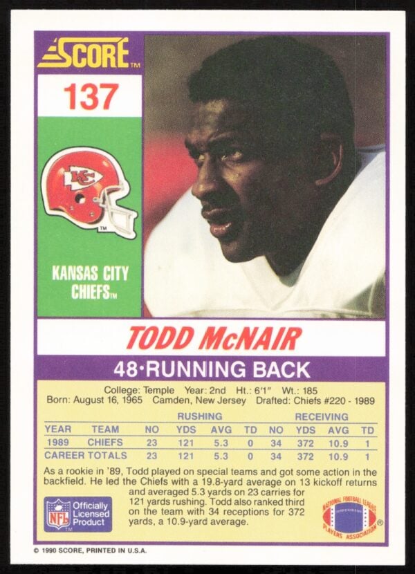 1990 Score Todd McNair #137 (Back)