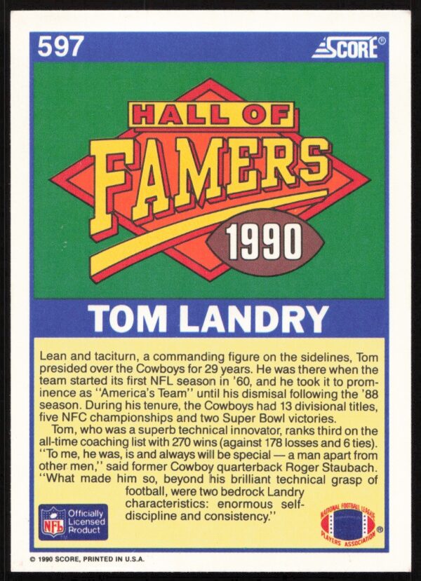 1990 Score Tom Landry #597 (Back)