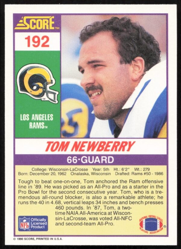 1990 Score Tom Newberry #192 (Back)