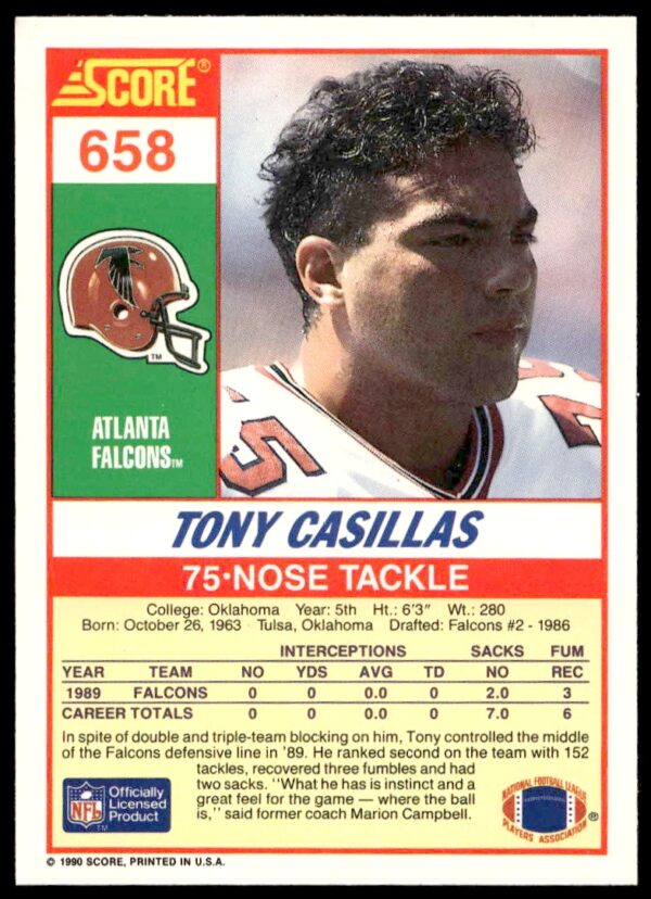 1990 Score Tony Casillas #658 (Back)