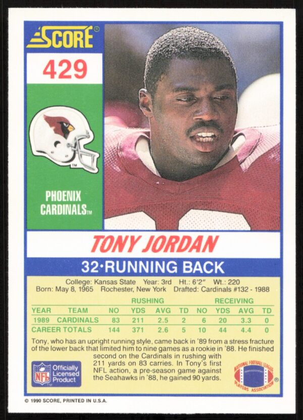 1990 Score Tony Jordan #429 (Back)