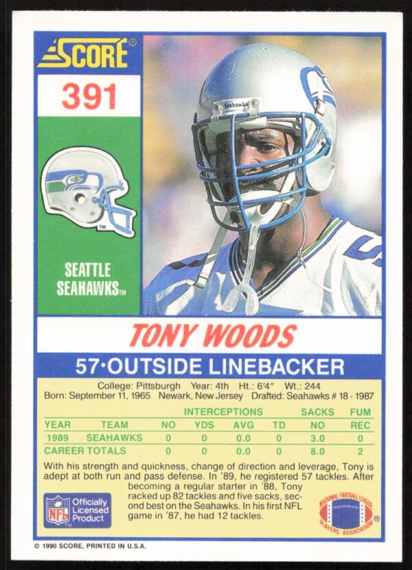 1990 Score Tony Woods #391 (Back)