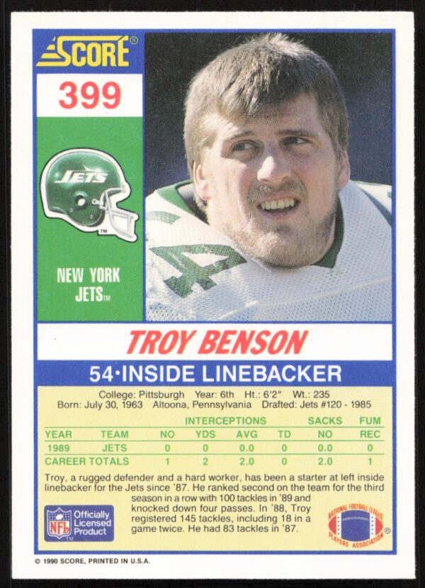 1990 Score Troy Benson #399 (Back)