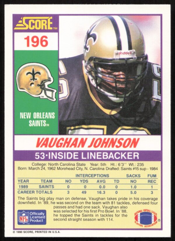 1990 Score Vaughan Johnson #196 (Back)