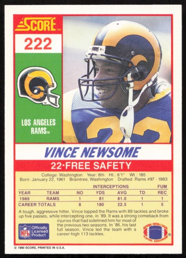 1990 Score Vince Newsome #222 (Back)