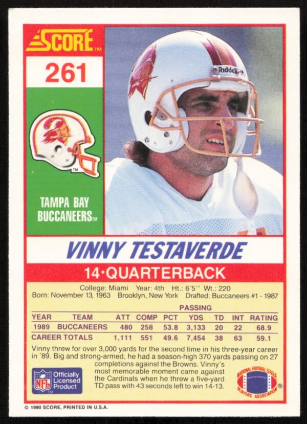 1990 Score Vinny Testaverde #261 (Back)