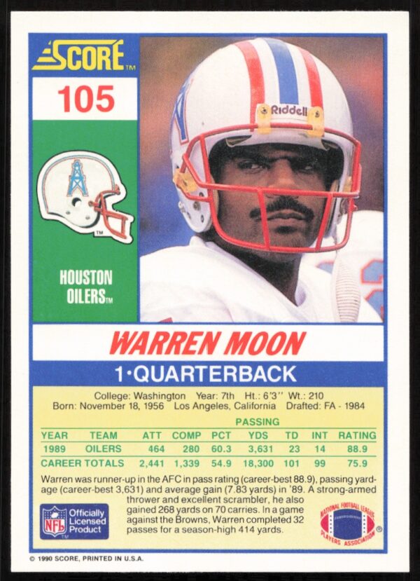 1990 Score Warren Moon #105 (Back)