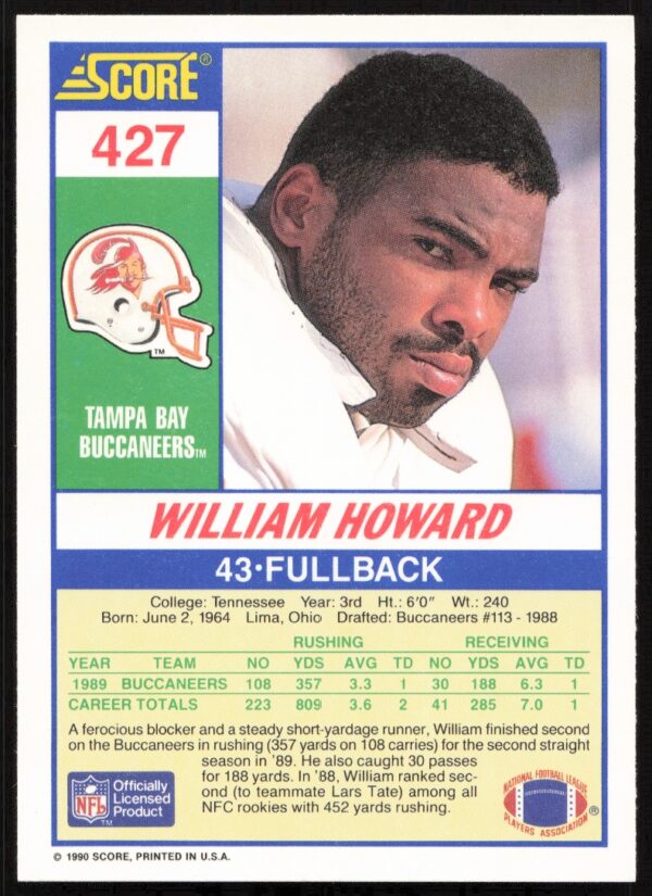 1990 Score William Howard #427 (Back)