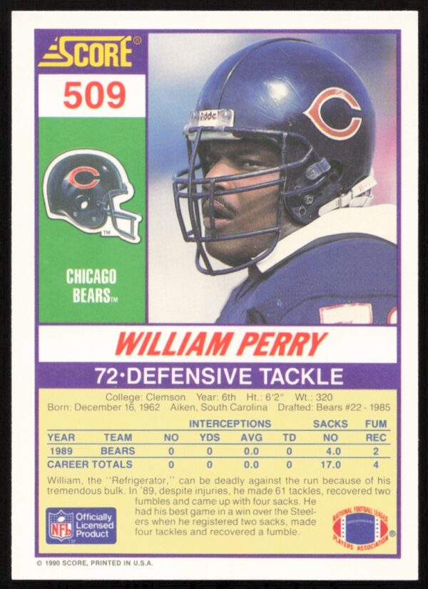 1990 Score William Perry #509 (Back)