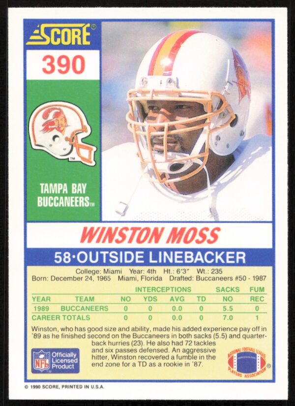 1990 Score Winston Moss #390 (Back)