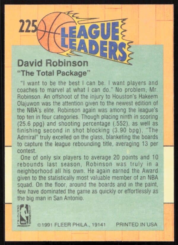 1991 Fleer David Robinson League Leaders #225 (Back)