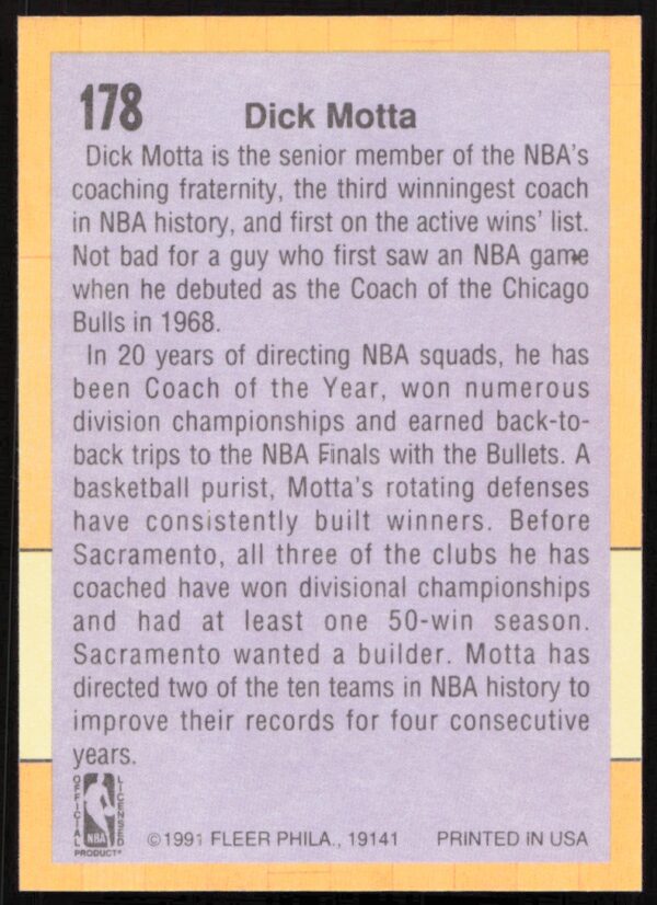 1991 Fleer Dick Motta #178 (Back)