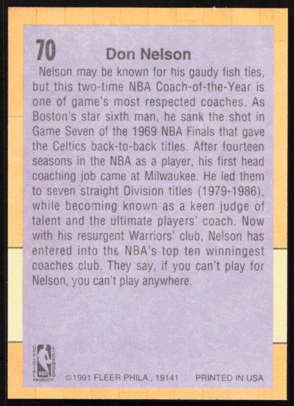 1991 Fleer Don Nelson #70 (Back)