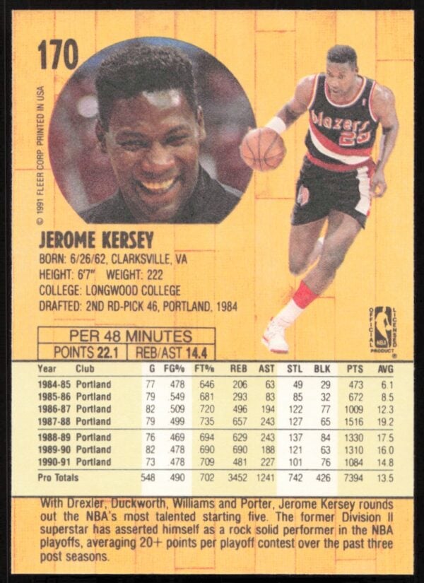 1991 Fleer Jerome Kersey #170 (Back)