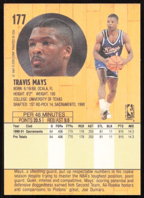 1991 Fleer Travis Mays #177 (Back)