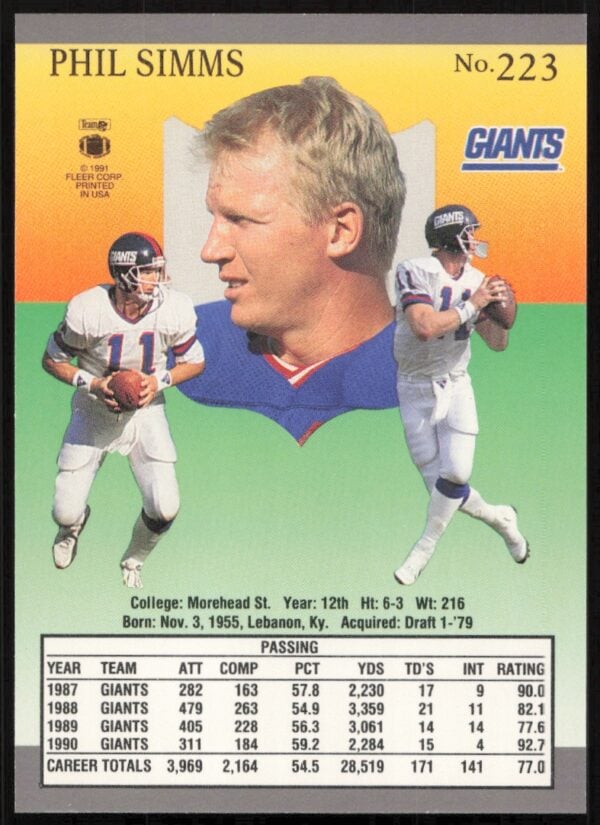 1991 Fleer Ultra Phil Simms #223 (Back)