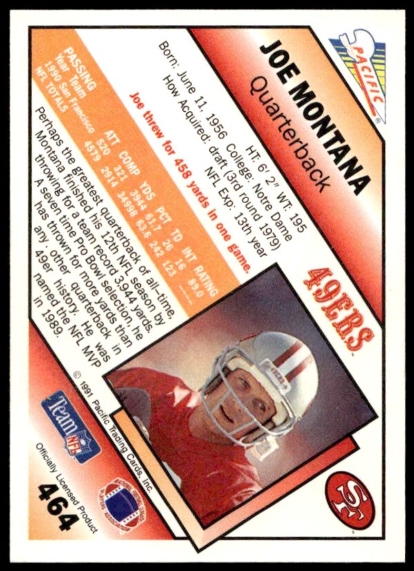 1991 Pacific Joe Montana #1 (Back)