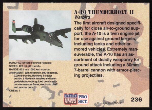 1991 Pro Set Desert Storm A-10 Thunderbolt II #236 (Back)