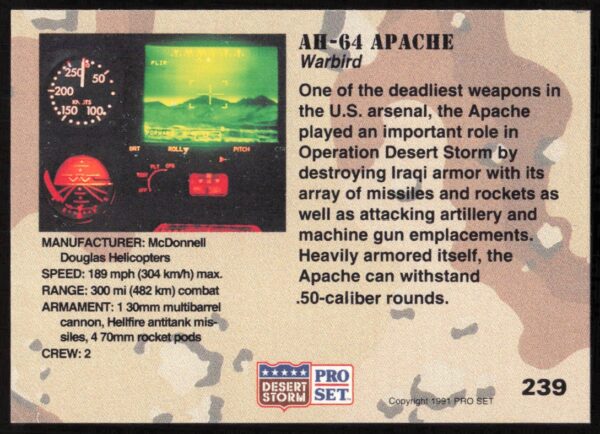 1991 Pro Set Desert Storm AH-64 Apache #239 (Back)