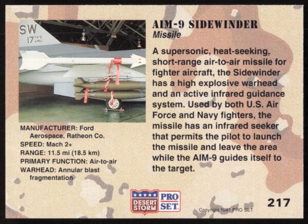 1991 Pro Set Desert Storm AIM-9 Sidewinder #217 (Back)