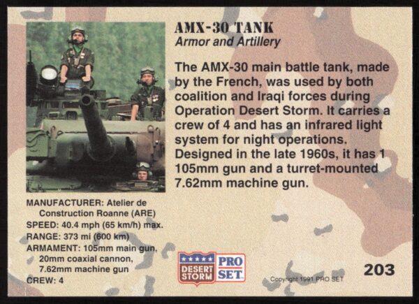 1991 Pro Set Desert Storm AMX-30 Tank #203 (Back)