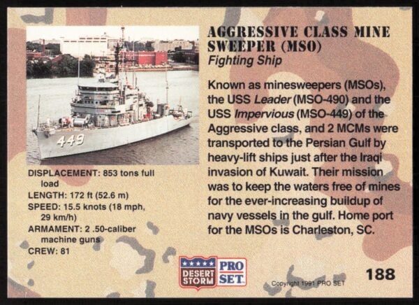 1991 Pro Set Desert Storm Aggressive Class Mine Sweeper (MSO) #188 (Back)