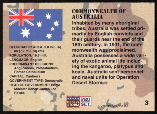 1991 Pro Set Desert Storm Australia #3 (Back)