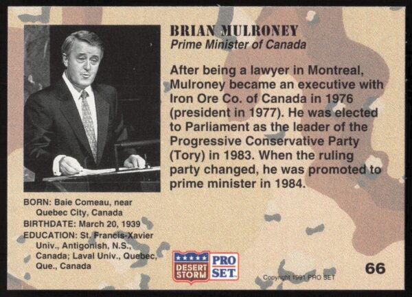 1991 Pro Set Desert Storm Brian Mulroney #66 (Back)