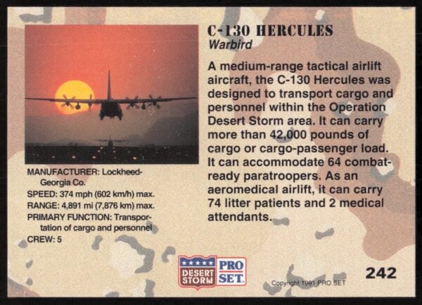 1991 Pro Set Desert Storm C-130 Hercules #142 (Back)