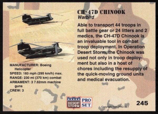 1991 Pro Set Desert Storm CH-47D Chinnok #245 (Back)