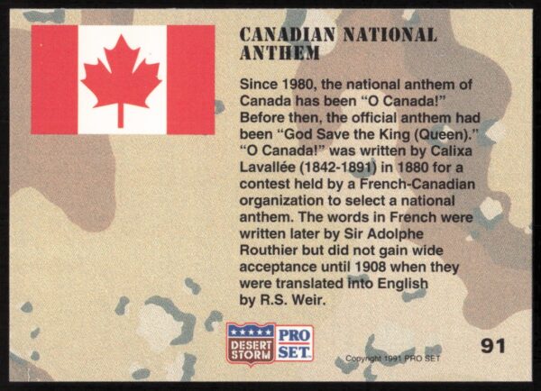 1991 Pro Set Desert Storm Canadian National Anthem #91 (Back)