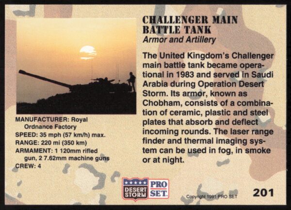 1991 Pro Set Desert Storm Challenger Main Battle Tank #201 (Back)