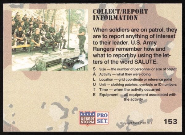 1991 Pro Set Desert Storm Collect/Report Information #153 (Back)