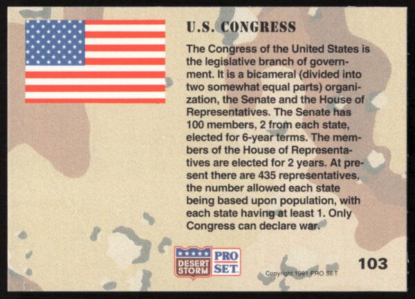 1991 Pro Set Desert Storm Congress #103 (Back)