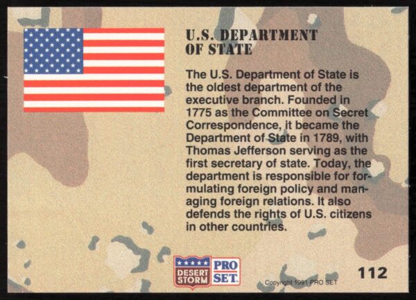 1991 Pro Set Desert Storm Department of State #112 (Back)