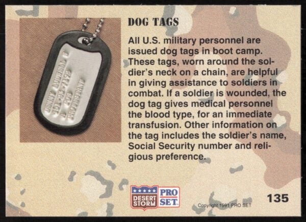 1991 Pro Set Desert Storm Dog Tags #135 (Back)