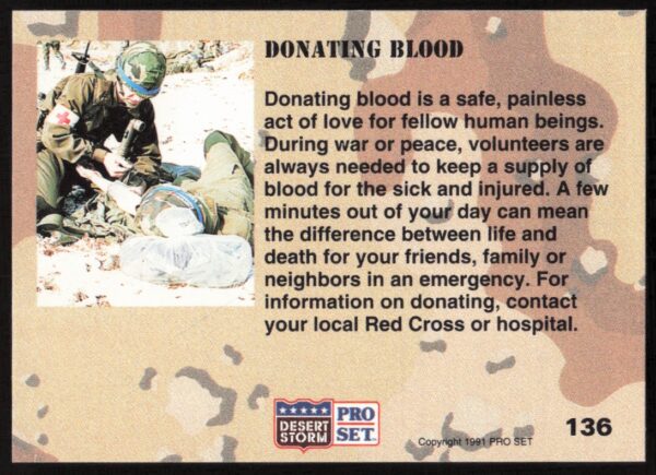 1991 Pro Set Desert Storm Donating Blood #136 (Back)