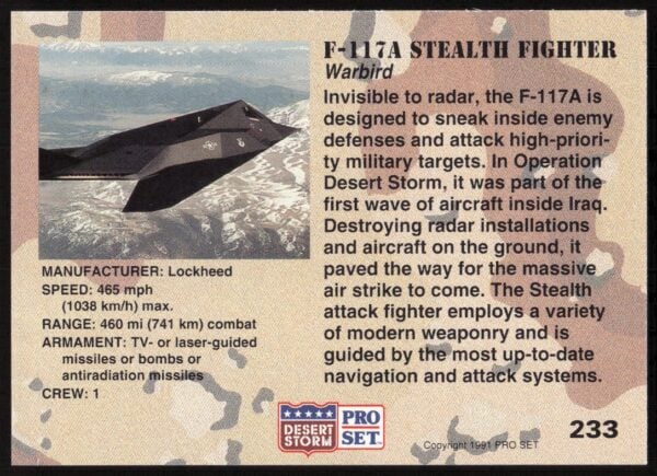 1991 Pro Set Desert Storm F-11&A Stealth Fighter #233 (Back)