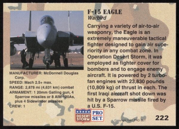 1991 Pro Set Desert Storm F-15 Eagle #222 (Back)