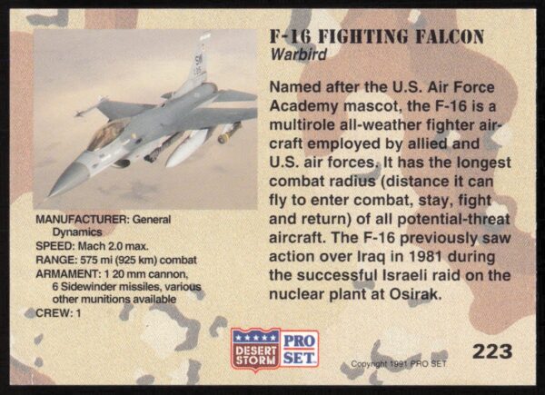 1991 Pro Set Desert Storm F-16 Fighting Falcon #223 (Back)