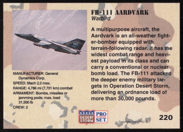 1991 Pro Set Desert Storm FB-111 Aardvark #220 (Back)