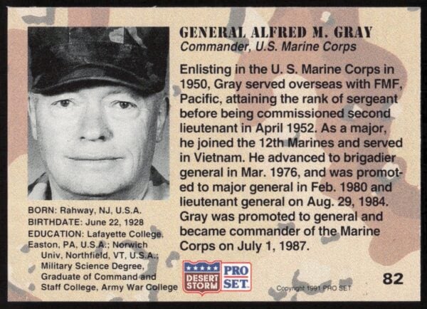 1991 Pro Set Desert Storm General Alfred M. Gray #82 (Back)