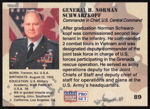 1991 Pro Set Desert Storm General H. Norman Schwarzkopf #89 (Back)