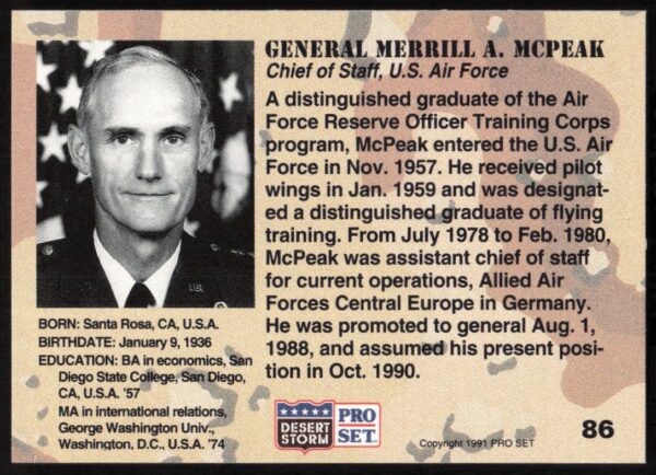 1991 Pro Set Desert Storm General Merrill A. Mcpeak #86 (Back)