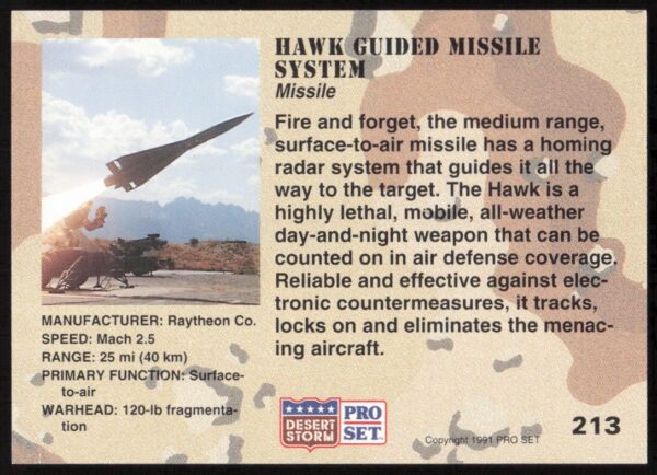 1991 Pro Set Desert Storm Hawk Guided Missile System #213 (Back)