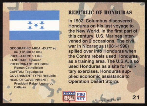 1991 Pro Set Desert Storm Honduras #21 (Back)