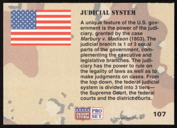 1991 Pro Set Desert Storm Judicial System #107 (Back)